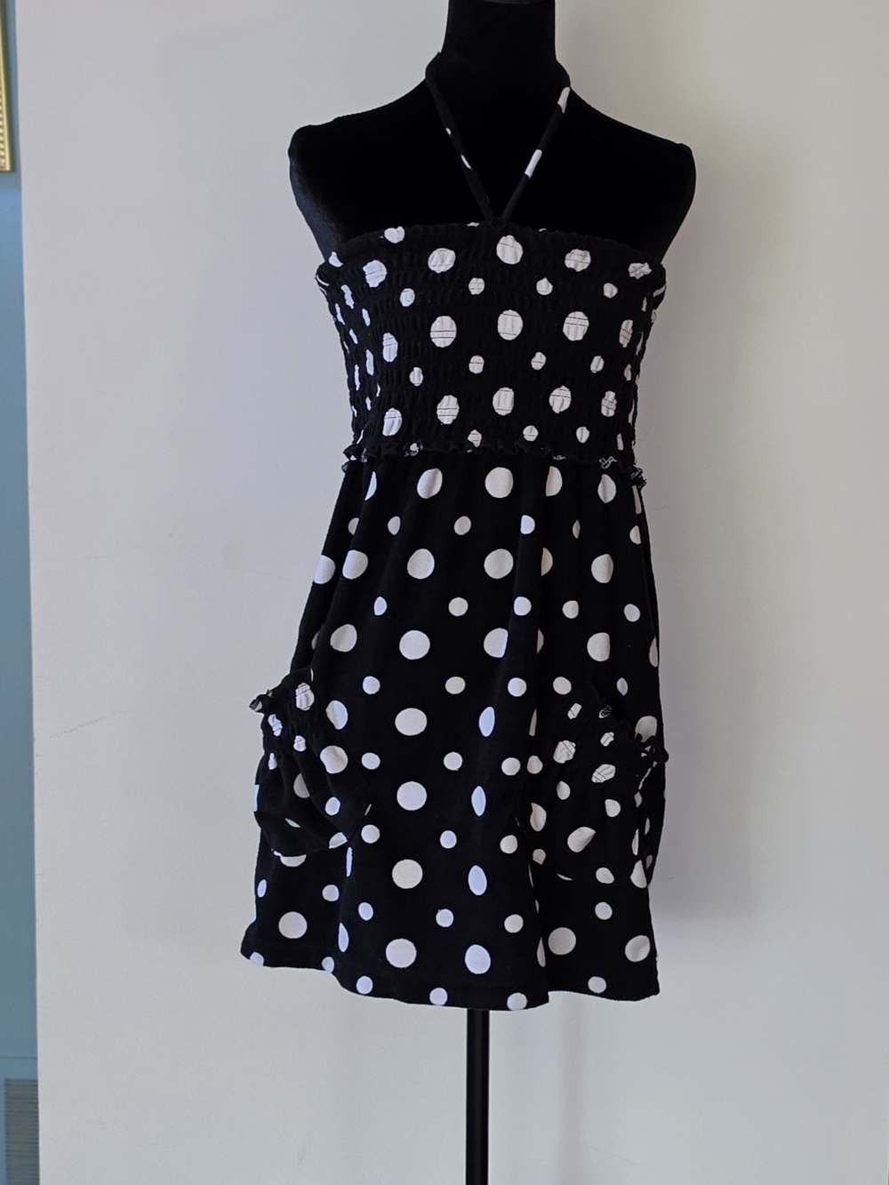 Black & White Polka Dot Halter Swim Cover-Up Dress